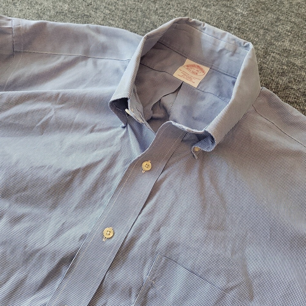 Brooks Brothers Shirt Men's 16.5 32 Blue Houndstooth Non Iron Button Down OCBD